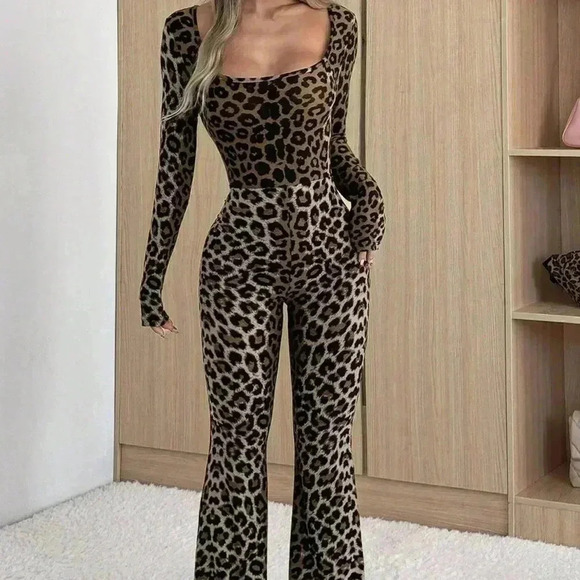 Pants - Multicolor Casual Women's Leopard Print Square Neck Long Sleeve Flared Jumpsuit